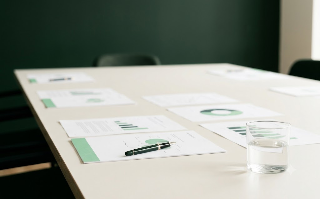 Evidence-first advisory: documents and analysis arranged on a boardroom table