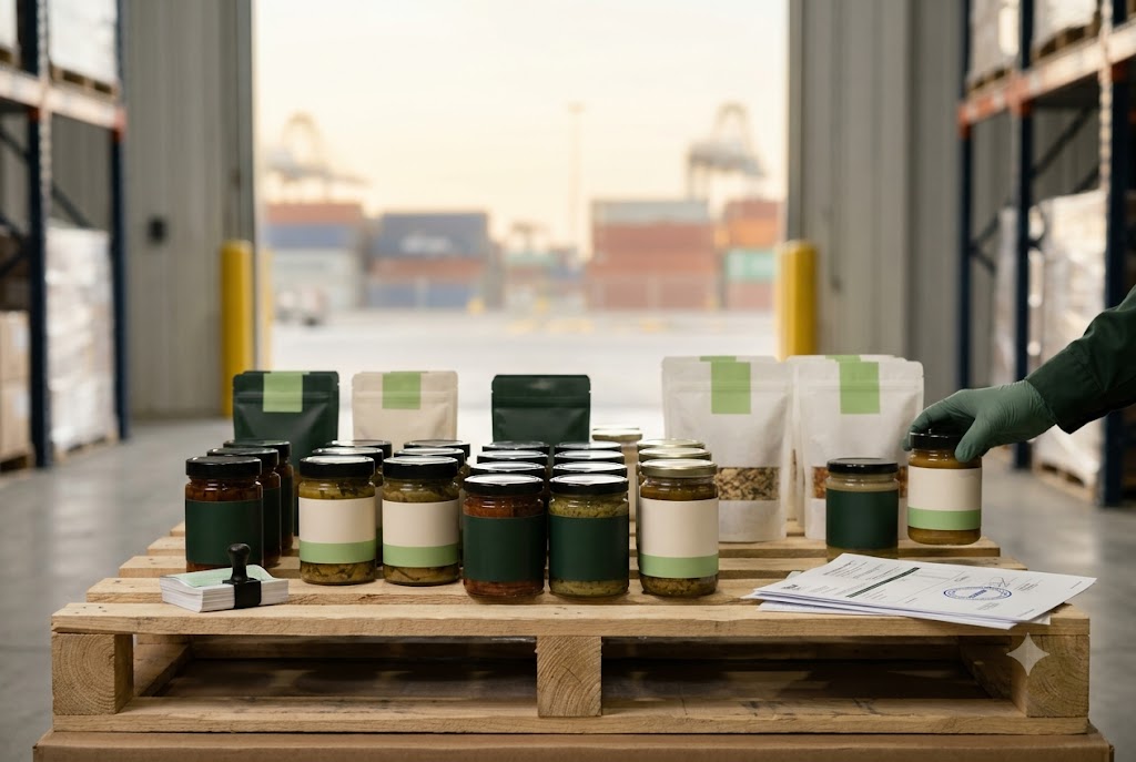 Export-ready Alberta food products staged for shipment