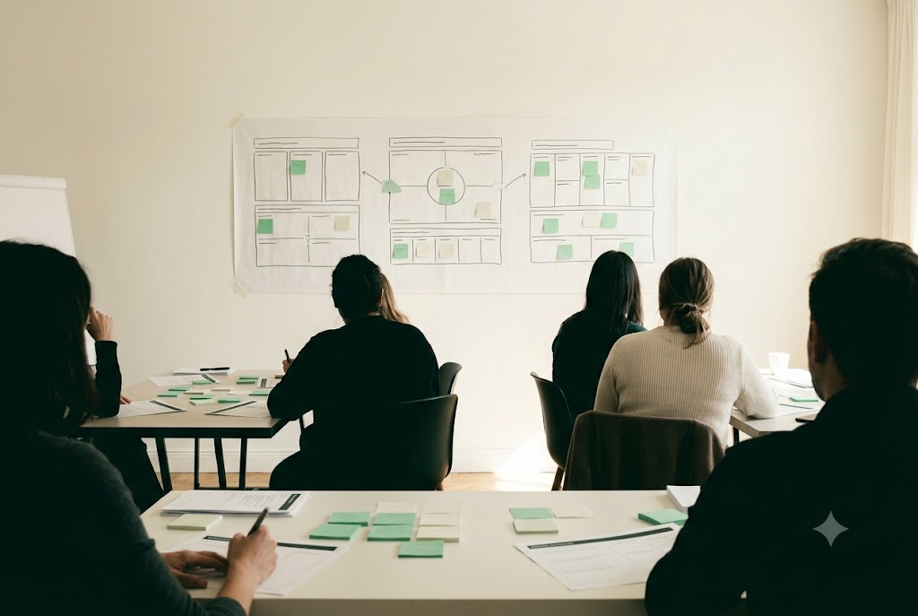 Facilitated workshop with frameworks on a wall chart
